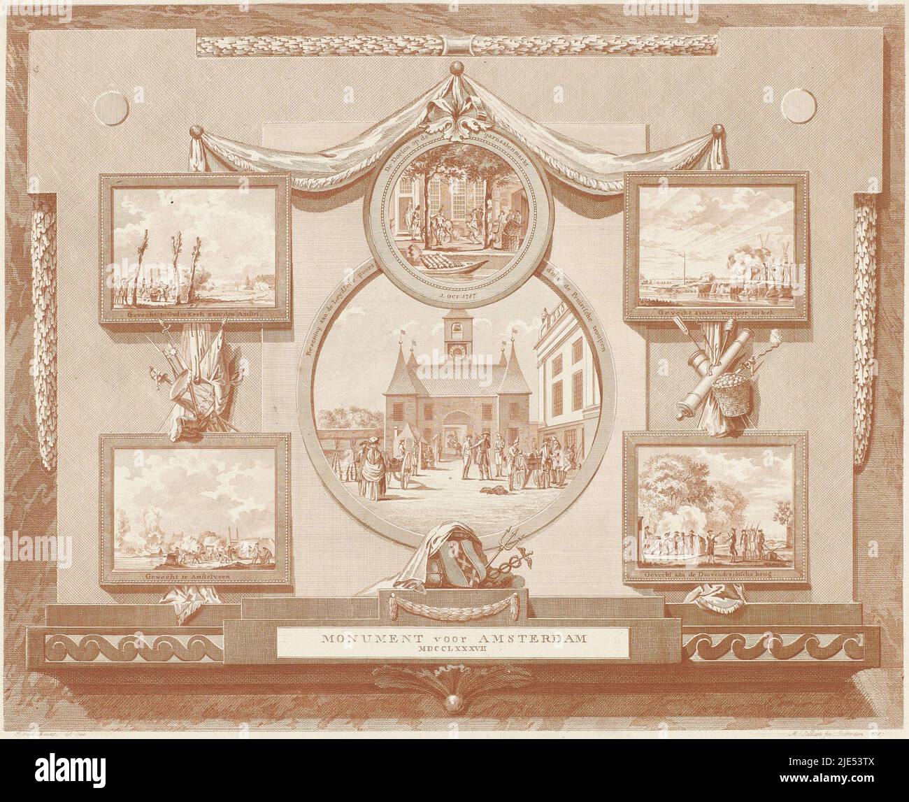 Sheet with six representations of the events in and around Amsterdam with the arrival of the Prussian troops in October 1787. Four square scenes of the fighting in the vicinity of Amsterdam. In the centre two medallions with the Shrimp targets and the occupation of the Leidsepoort by the Prussians on 10 October 1787, Monument to Amsterdam, 1787 Monument to Amsterdam MDCCLXXXVII., print maker: Mathias de Sallieth, (mentioned on object), intermediary draughtsman: Jacobus van Meurs, (mentioned on object), Rotterdam, 1788, paper, etching, engraving, h 391 mm × w 425 mm Stock Photo