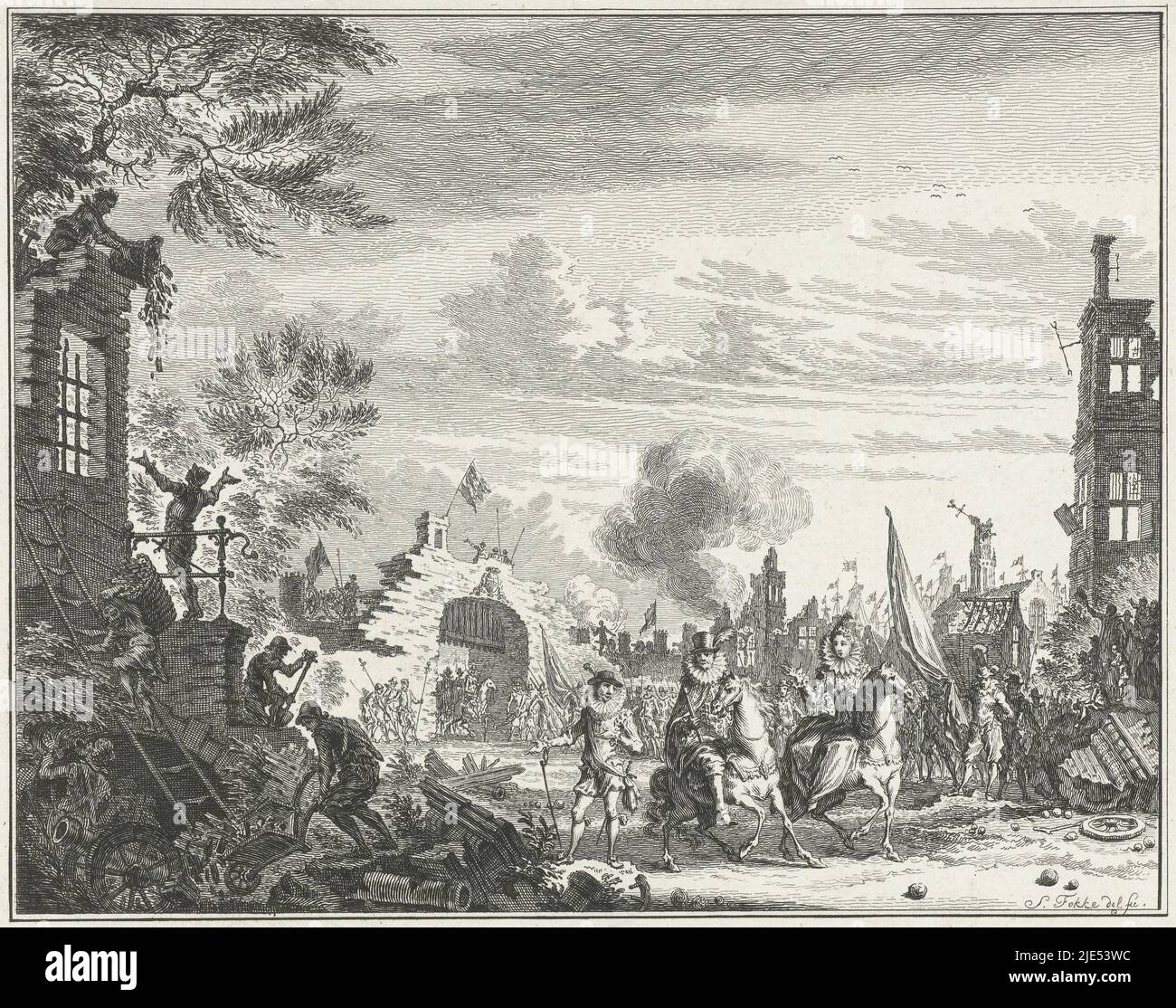 Archduke Albrecht and Isabella ride horses through the ruins of the ruined city of Ostend after the capitulation on 20 September 1604., Albrecht and Isabella visit the ruined city of Ostend, 1604., print maker: Simon Fokke, (mentioned on object), Simon Fokke, (mentioned on object), Northern Netherlands, 1747 - 1759, paper, etching, h 167 mm × w 205 mm Stock Photo