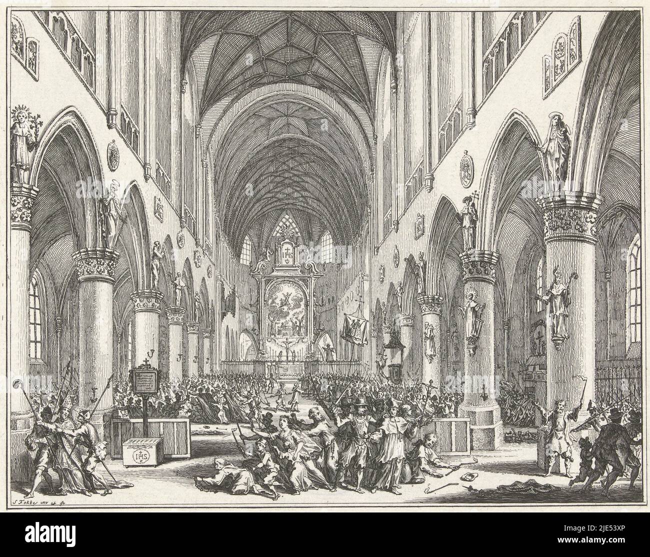 St. Bavo's Church in Haarlem stormed during noon prayer (De Noon) by State soldiers and rioters, 29 May 1578. A view of the interior of the church in which the Catholic clergy are chased away and vandalised, in which the priest Balling is murdered. This event is known as De Haarlemse Noon, Priest Balling murdered in St Bavo, 1578., print maker: Simon Fokke, (mentioned on object), Simon Fokke, (mentioned on object), Northern Netherlands, 1747 - 1759, paper, etching, h 172 mm × w 206 mm Stock Photo