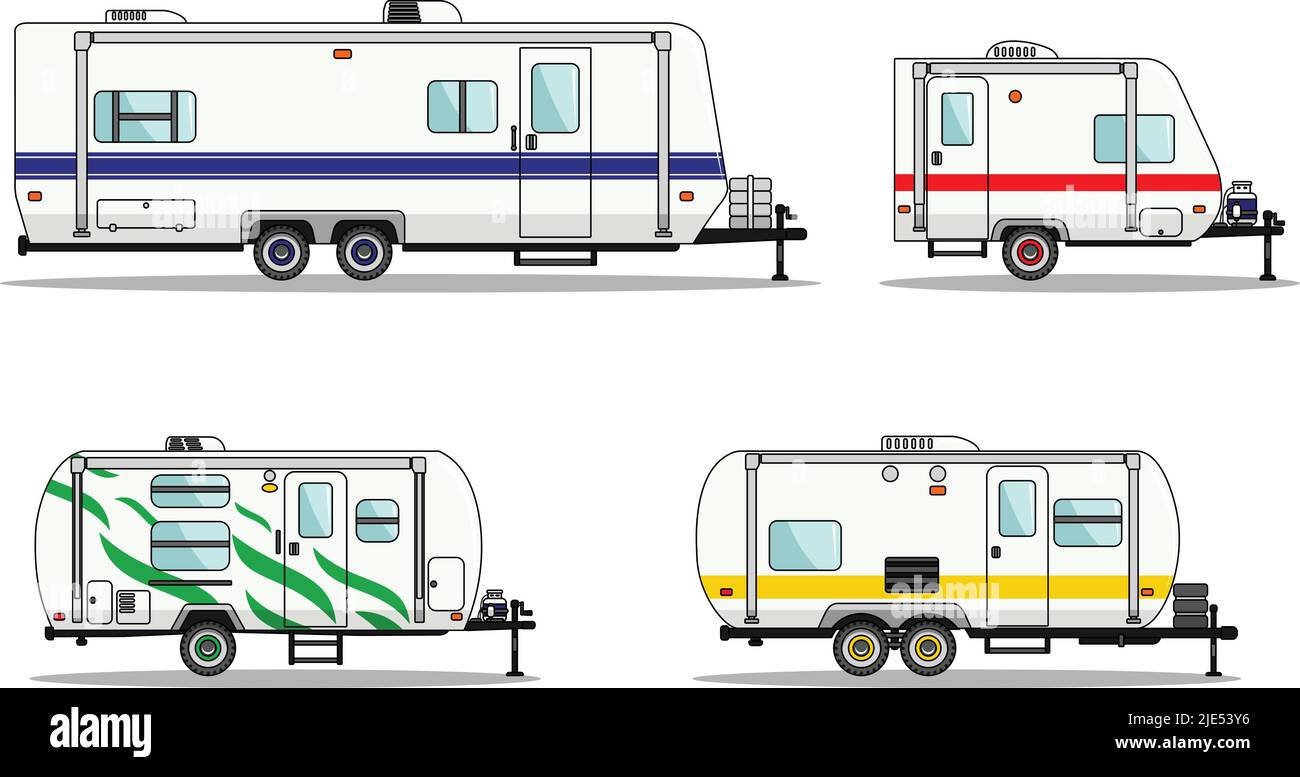 Set of travel trailer caravans on a white background in flat style. Vector illustration. Stock Vector