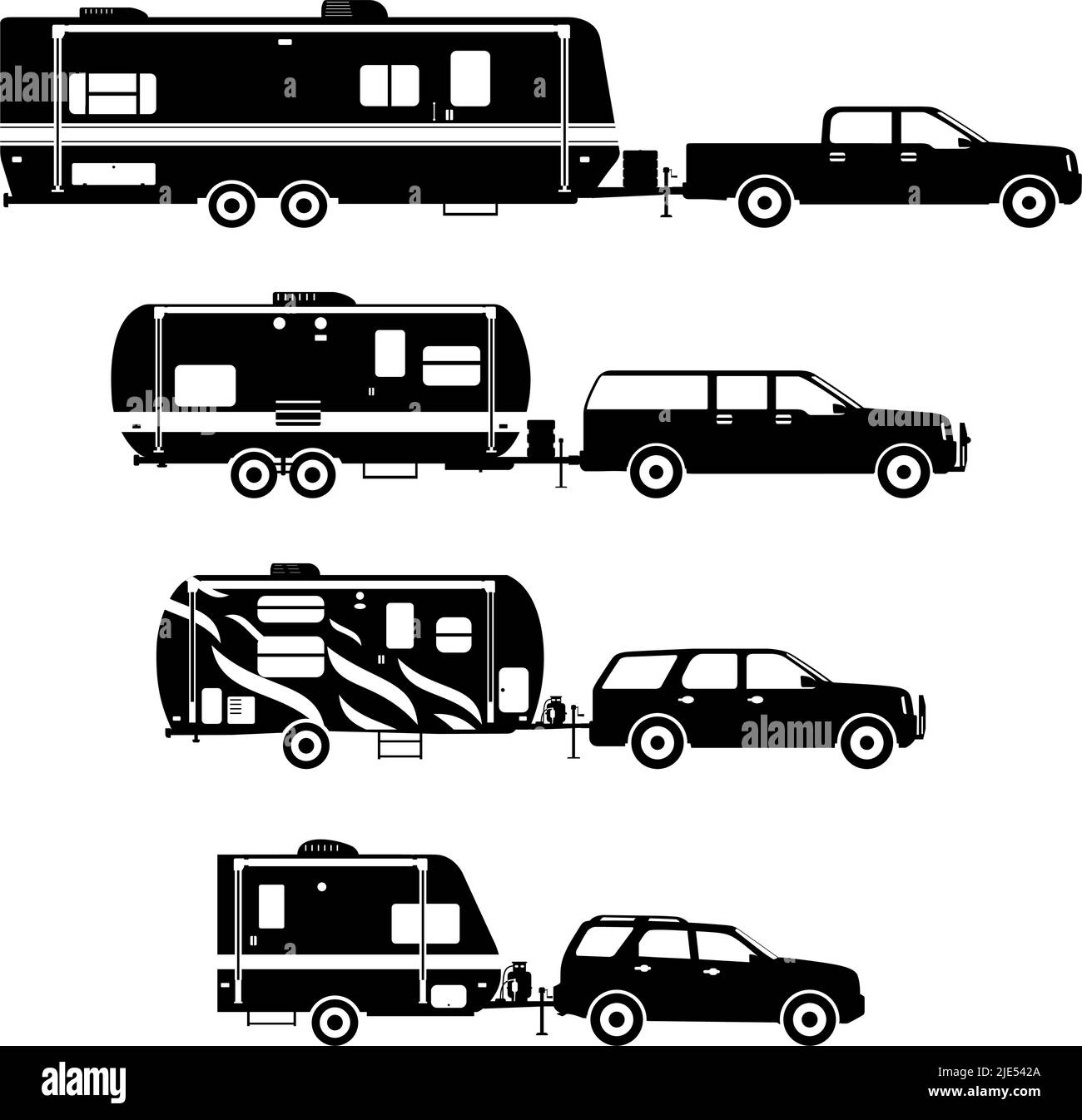 Set of different silhouettes travel trailer caravans on a white