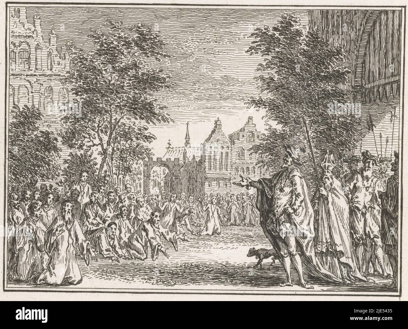 Charles V punishes the inhabitants of Ghent for the city's refusal to pay the agreed tax. Public humiliation on 3 May 1540 in which 500 inhabitants of Ghent kneel before the emperor barefoot and with a noose around their neck, begging for mercy, Karel V punishes the inhabitants of Ghent, 1540., print maker: Simon Fokke, Northern Netherlands, 1782 - 1784, paper, etching, h 93 mm × w 110 mm Stock Photo