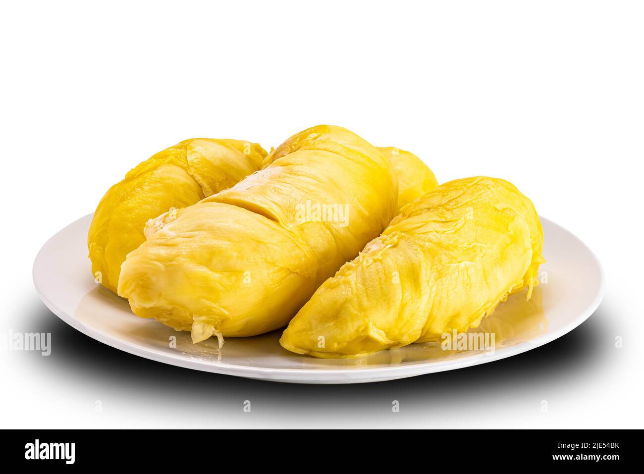Closeup view of fresh durian palps in white ceramic plate isolated on white background with clipping path. Stock Photo