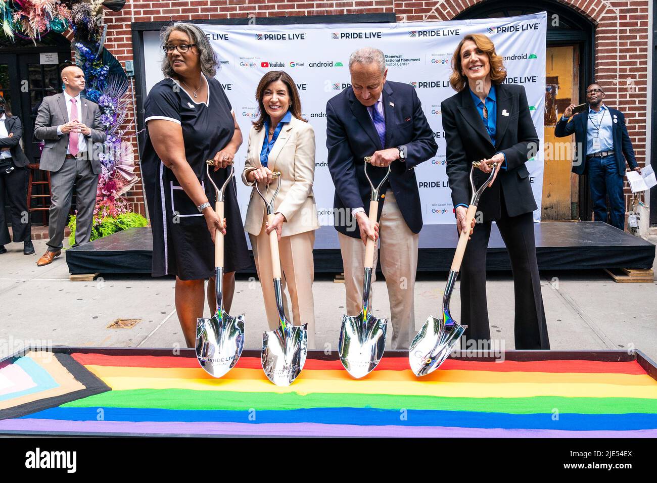 New York, United States. 24th June, 2022. Ann Marie Gothard, Governor Kathy  Hochul, Senator Chuck Schumer, Ruth Porat participate in Stonewall Day and  Visitor Center Groundbreaking ceremony on Christopher street (Photo by