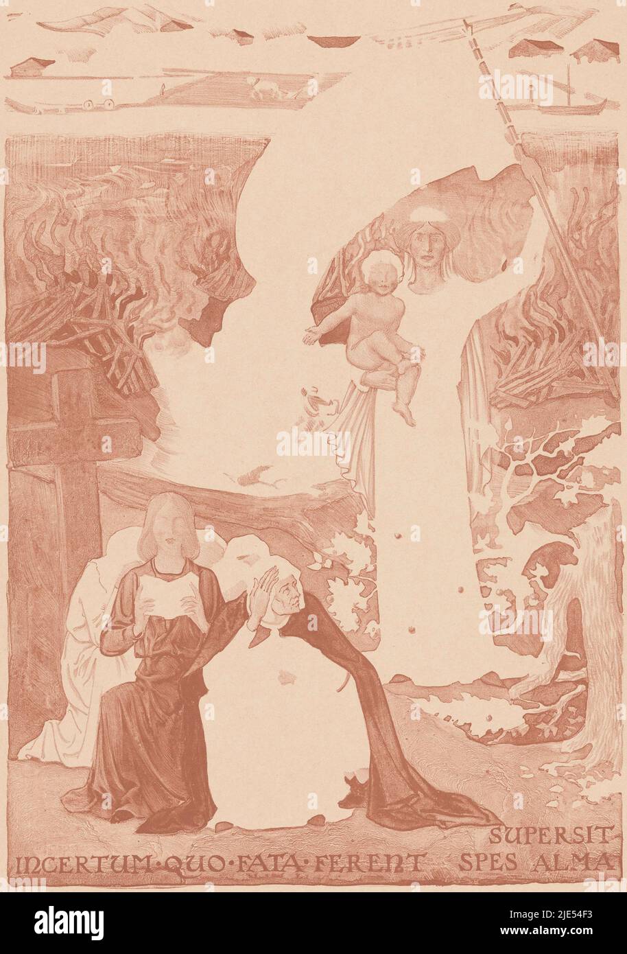A woman with a child in her arms is holding a banner with an anchor symbolising hope. She is in a devastated and burning area. At her feet lies a snapped tree with fruits. In the foreground on the left, a group of women are squatting in front of a cross. In the background a Transvaal landscape with farmers. At the top the inscription 'Spes nostra Deus' (God is our hope), at the bottom the inscription 'Incertum quo fata ferent spes alma supersit' (uncertain is where fate will take us, may hope remain)., Transvaal print, print maker: Antoon Derkinderen, 1902, paper, h 432 mm × w 323 mm Stock Photo