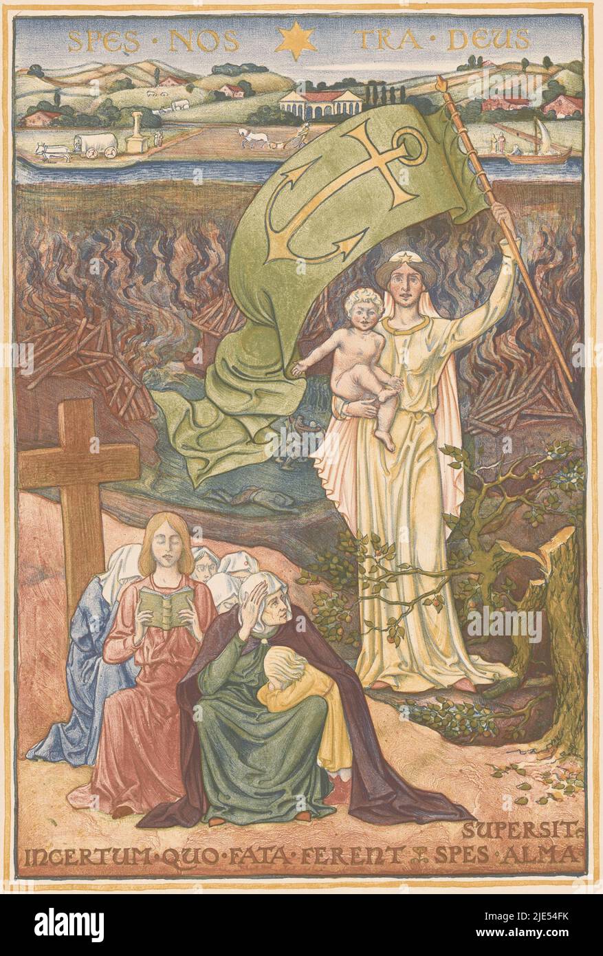 A woman with a child in her arms is holding a banner with an anchor symbolising hope. She is in a devastated and burning area. At her feet lies a snapped tree with fruits. In the foreground on the left, a group of women are squatting in front of a cross. In the background a Transvaal landscape with farmers. At the top the inscription 'Spes nostra Deus' (God is our hope), at the bottom the inscription 'Incertum quo fata ferent spes alma supersit' (uncertain is where fate will take us, may hope remain), Transvaal print (original title)., print maker: Antoon Derkinderen, 1902, paper, h 432 mm × w Stock Photo