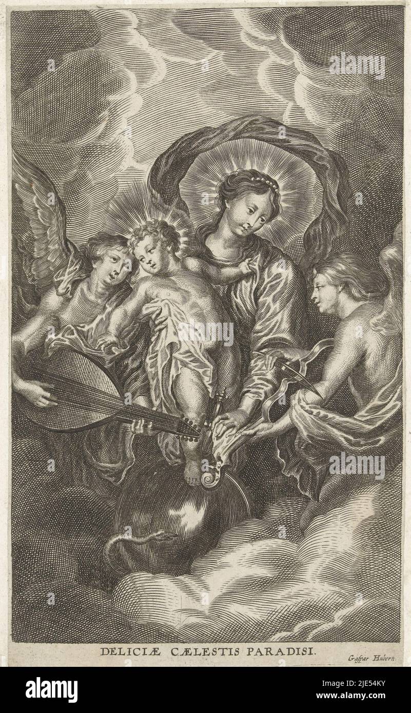 Mary with the Christ Child in the clouds, on the globe, surrounded by two musical angels. Under the globe the serpent is trampled, Mary with Christ Child and angels Deliciae caelestis Paradisi, print maker: Gaspar Huybrechts, publisher: Gaspar Huybrechts, (mentioned on object), print maker: Joannes Galle, (rejected attribution), Antwerp, 1661 - 1684, paper, engraving, h 235 mm × w 140 mm Stock Photo