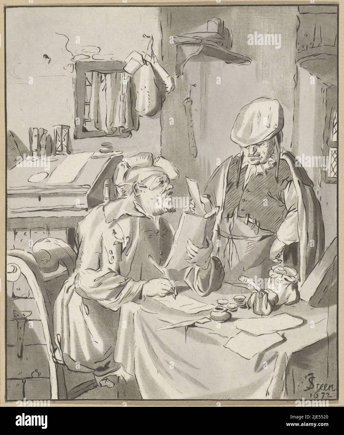 A man sitting at a table writes a letter. Next to him is a man holding a letter, Writer of a letter Recipient, Cornelis Ploos van Amstel, print maker: Bernhard Schreuder, intermediary draughtsman: Jan Havicksz. Steen, (mentioned on object), Amsterdam, 1777 - 1786, paper, etching, h 156 mm × w 131 mm Stock Photo