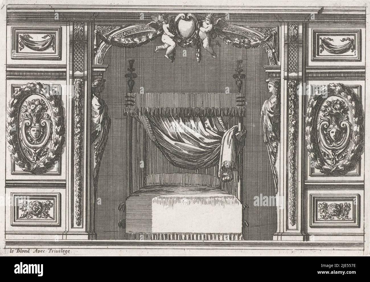 In the middle of the wooden panelling a mask can be seen, surrounded by a garland of leaves. From series of 6 leaves, Alcove with wooden panelling on both sides Alkoven (series title), print maker: Jean Lepautre, Jean Lepautre, publisher: Jean Leblond (I), (mentioned on object), print maker: France, (possibly), France, (possibly), publisher: Paris, c. 1650, paper, etching, h 137 mm × w 199 mm Stock Photo