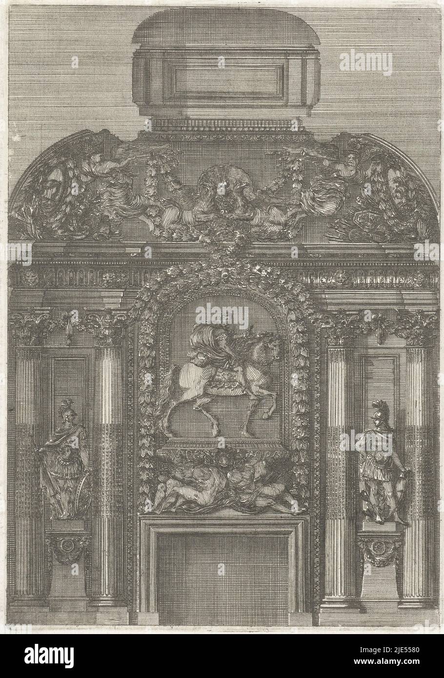 In the centre, a horseman is depicted above two bound slaves, recessed Corinthian columns with the statue of a Roman general in between. From series of 12 sheets, Chimney atrium (series title), print maker: Jean Lepautre, Jean Lepautre, publisher: Jean Leblond (I), print maker: France, (possibly), France, (possibly), publisher: Paris, c. 1651, paper, etching, h 193 mm × w 135 mm Stock Photo