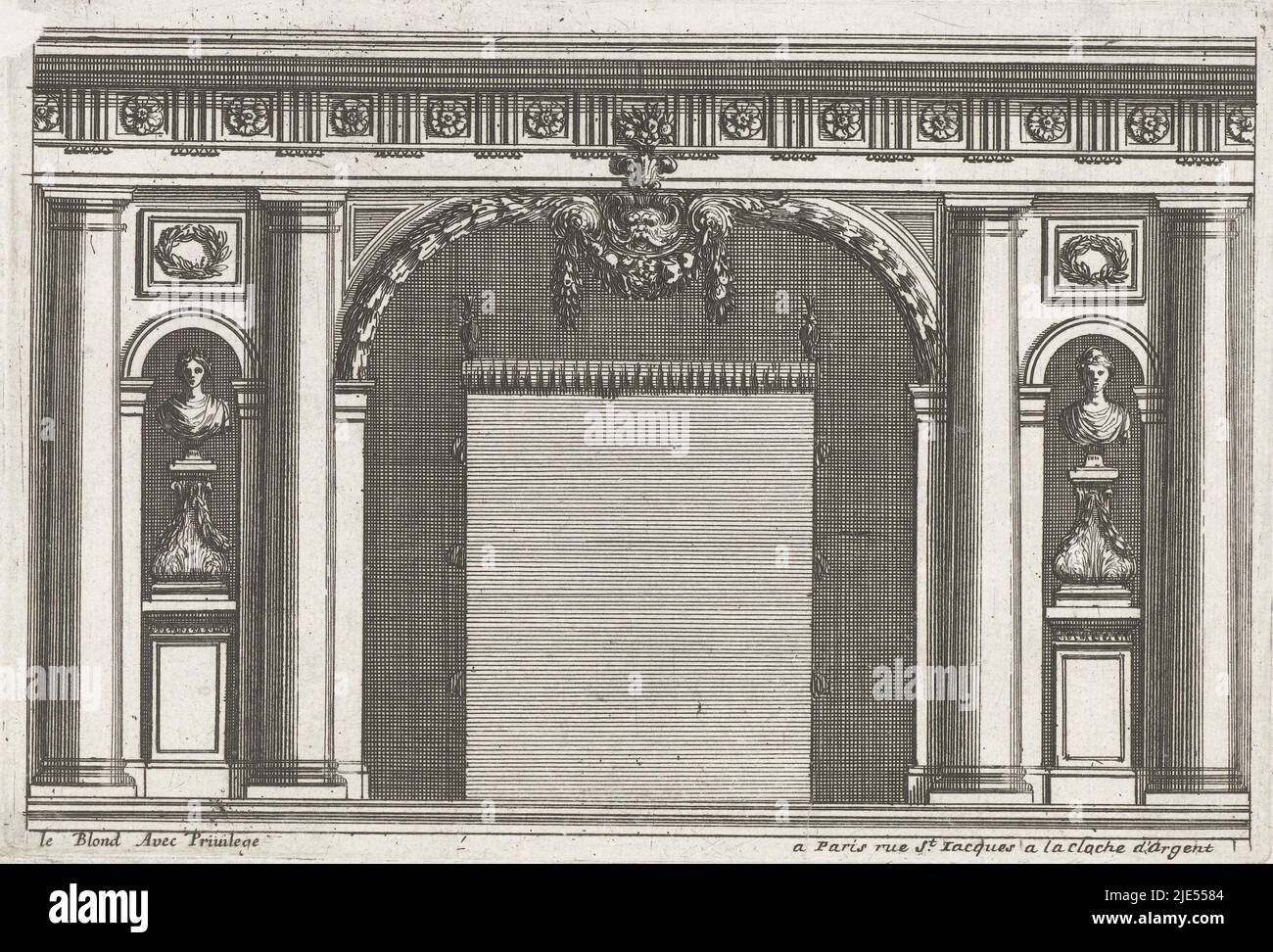 The wall is decorated with sunken Tuscan columns and busts on pedestals. From series of 6 sheets, Wall with narrow alcoves next to alcove Alkoven (series title)., print maker: Jean Lepautre, Jean Lepautre, publisher: Jean Leblond (I), (mentioned on object), print maker: France, (possibly), France, (possibly), publisher: Paris, c. 1650, paper, etching, h 135 mm × w 199 mm Stock Photo