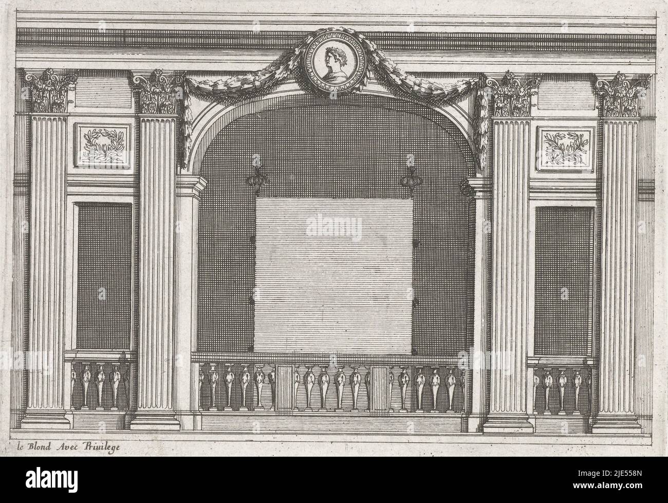 At the top centre hangs a round medallion with a portrait bust, on either side are two Corinthian pilasters.bOff series of 6 leaves, Alcove closed by balustrade Alkoven (series title), print maker: Jean Lepautre, Jean Lepautre, publisher: Jean Leblond (I), (mentioned on object), print maker: France, (possibly), France, (possibly), publisher: Paris, c. 1650, paper, etching, h 137 mm × w 197 mm Stock Photo