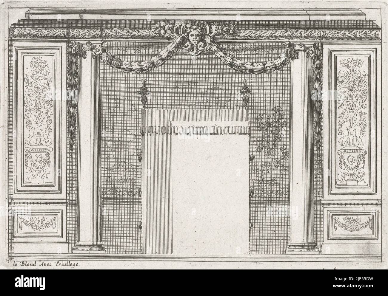 The columns are connected at the top by a garland of leaves. On both sides there is wooden panelling with an ornamental panel. From series of 6 leaves, Alcove closed by two Ionic columns Alkoven (series title)., print maker: Jean Lepautre, Jean Lepautre, publisher: Jean Leblond (I), (mentioned on object), print maker: France, (possibly), France, (possibly), publisher: Paris, c. 1650, paper, etching, h 137 mm × w 199 mm Stock Photo