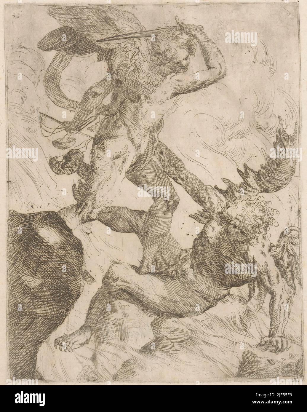 Archangel Michael in battle with the devil, print maker: Giovanni Pietro Possenti, Italy, 1628 - 1659, paper, etching, h 204 mm - w 160 mm Stock Photo