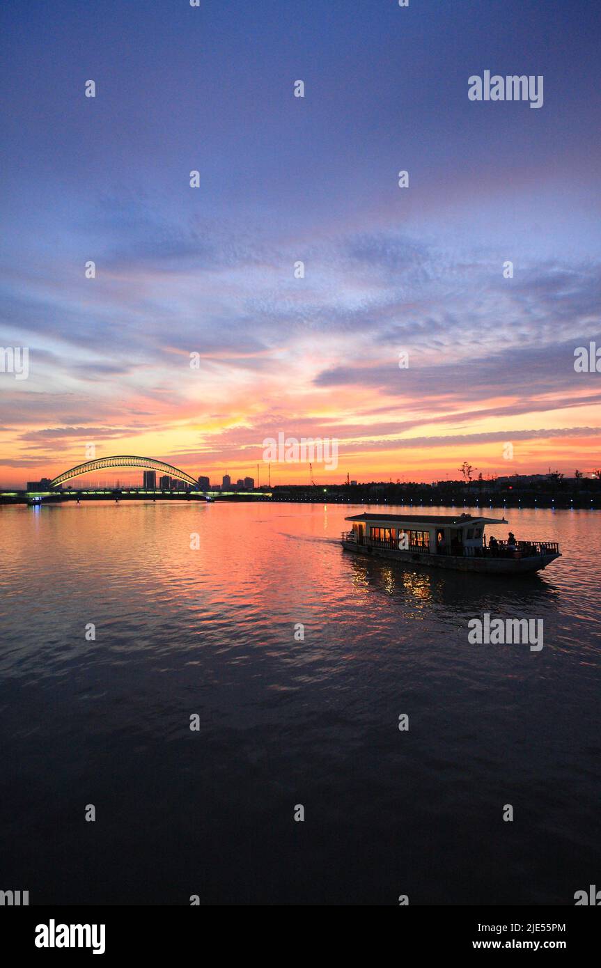 Night view of Fenghua river of Changfeng bridge in Yinzhou, Ningbo ...