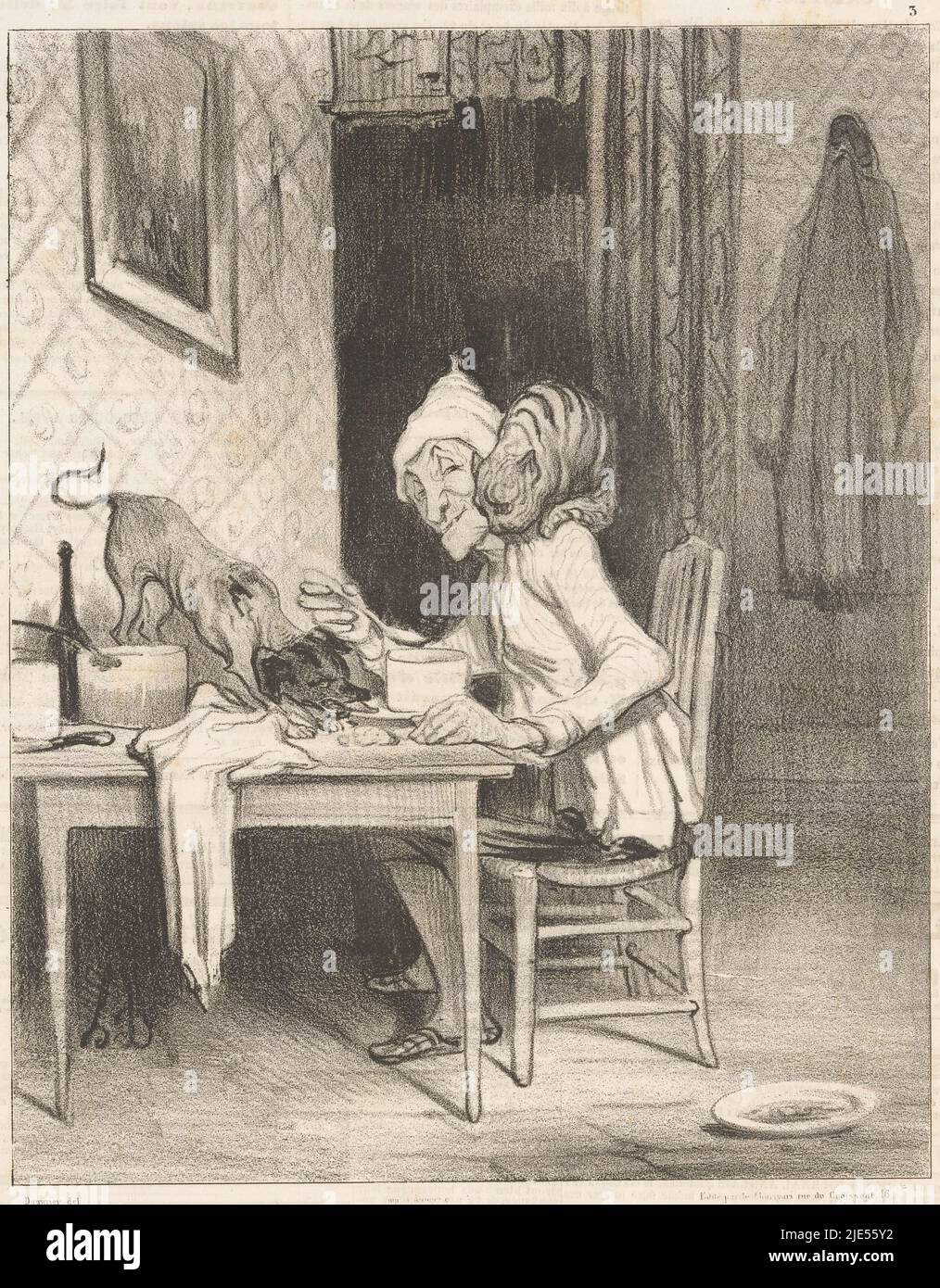 Bachelor breakfast with his cat and dog Monsieur Coquelet is left for a debate of egotism (...), Day of a bachelor (title series) La journée du célibataire (title series on object), print maker: Honoré Daumier, (mentioned on object), printer: Aubert & Cie., publisher: Aubert & Cie., (mentioned on object), Paris, 1839, paper, letterpress printing, h 363 mm × w 241 mm Stock Photo