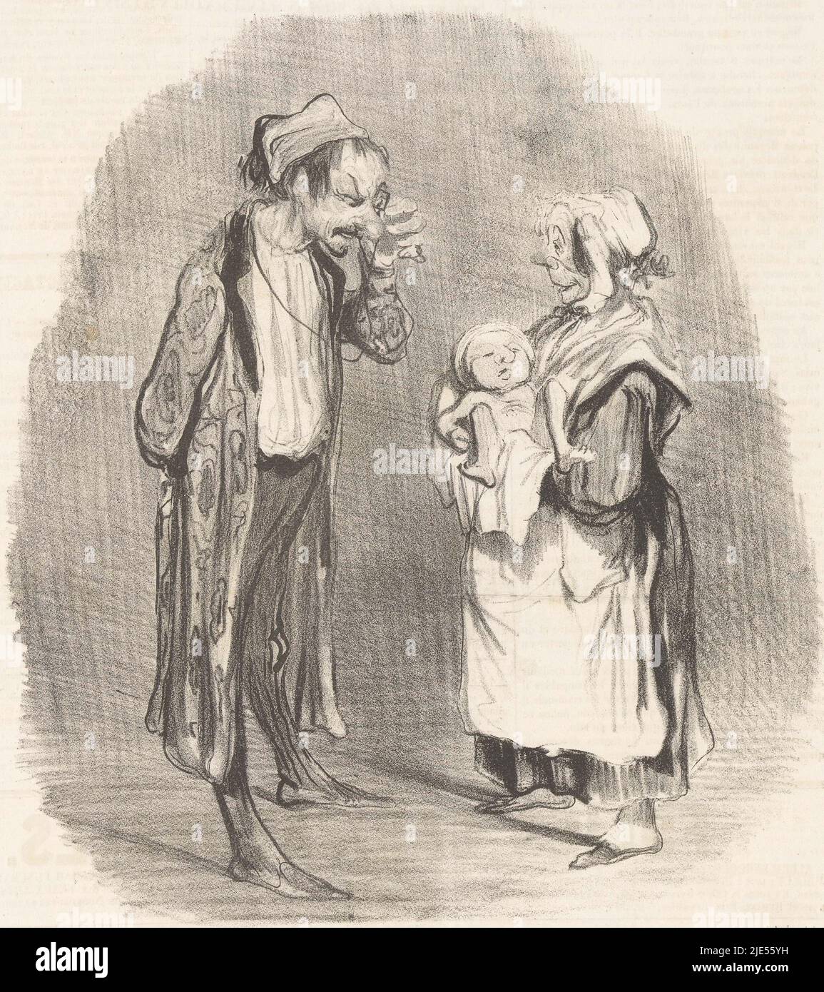 Midwife shows a man his first-born child Le premier-né, Family situations (series title) Moeurs conjugales (series title on object), print maker: Honoré Daumier, (mentioned on object), printer: Aubert & Cie., (mentioned on object), publisher: Bauger, (mentioned on object), Paris, 1840, paper, letterpress printing, h 363 mm × w 246 mm Stock Photo