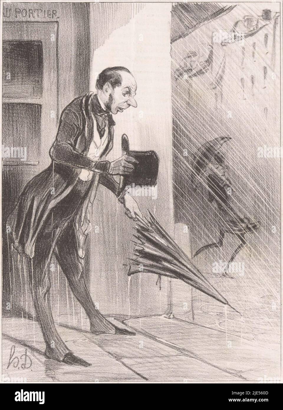 Man tries to open new umbrella in the rain Parisian emotions (series title) Émotions Parisiennes (series title on object), print maker: Honoré Daumier, (mentioned on object), printer: Aubert & Cie., (mentioned on object), publisher: Bauger, (mentioned on object), Paris, 1840, paper, letterpress printing, h 363 mm × w 245 mm Stock Photo