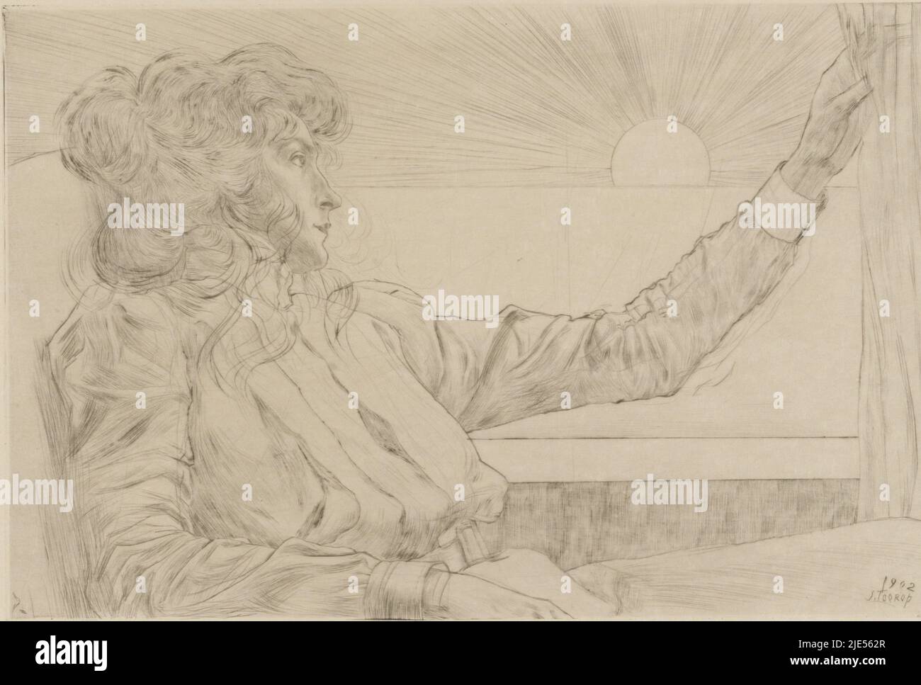 Woman sitting in front of a window Woman looking at the sun / Awakening / Sunset / L'aurore (original title), print maker: Jan Toorop, (signed by artist), 1899, Japanese paper (handmade paper), drypoint, h 236 mm × w 356 mm Stock Photo