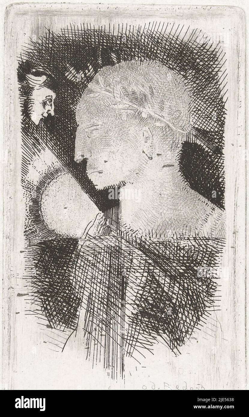 Bust of a man with a laurel wreath, a second head above left, false glory Mauvaise gloire, print maker: Odilon Redon, (mentioned on object), Odilon Redon, France, 1886, paper, etching, drypoint, h 119 mm - w 60 mm Stock Photo