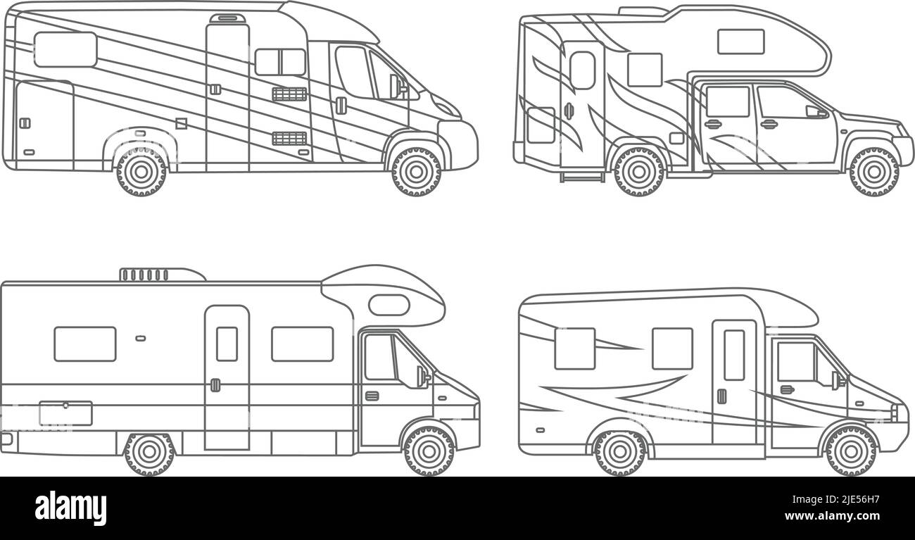 Coloring pages. Set of different silhouettes car, travel trailers flat linear icons isolated on white background. Modern caravan. Vector illustration. Stock Vector
