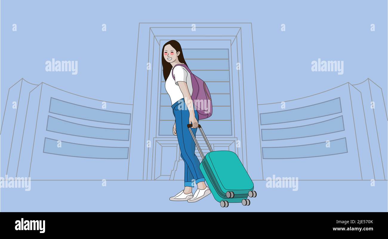 A cartoon of students dragging suitcases into the campus as school begins Stock Vector