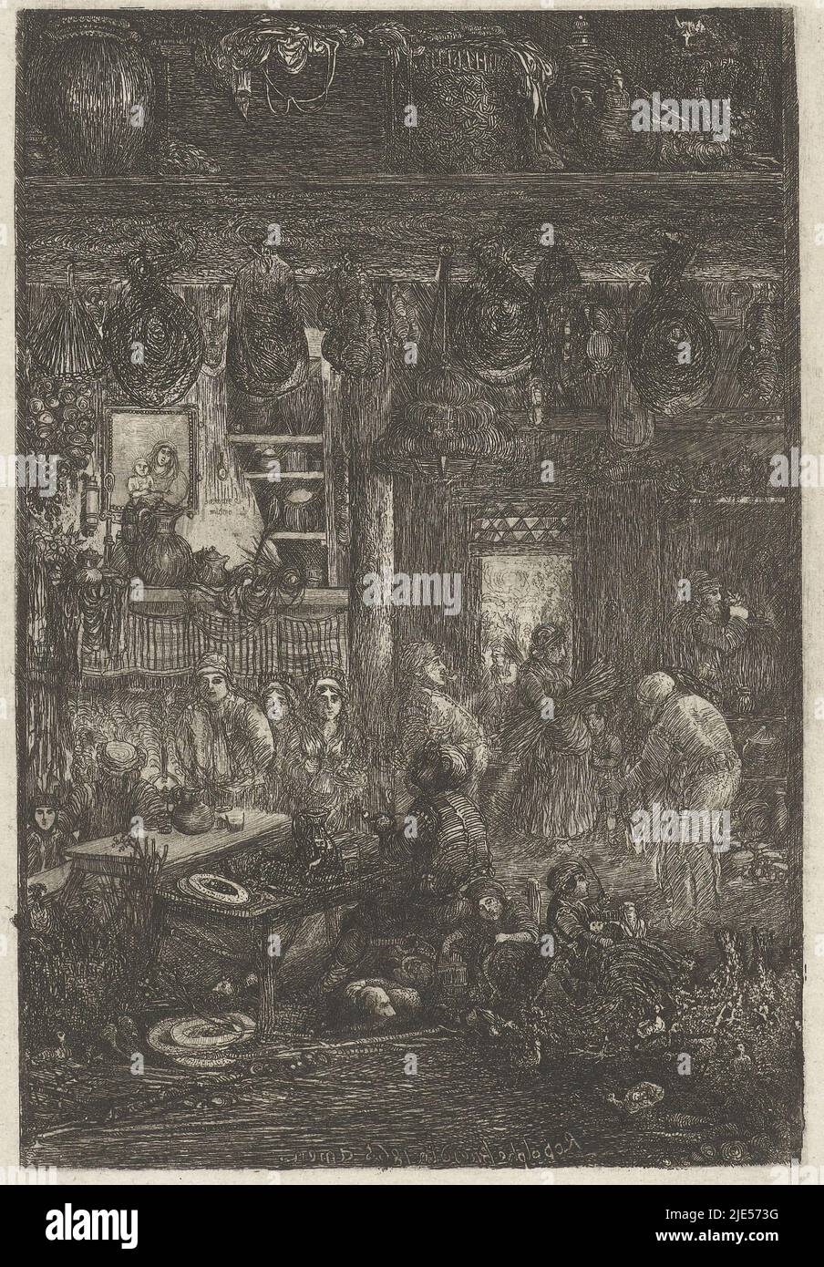 Interior with large farming family. On the left farmers are sitting at a table eating and drinking, in the foreground on the right children are playing. Behind on the right, a woman walks into the room with wood for the fireplace. Hams hanging from the beams, Interior with peasant family Interior, print maker: Rodolphe Bresdin, (mentioned on object), Rodolphe Bresdin, 1859 and/or 1865, paper, etching, h 198 mm, w 128 mm, h 297 mm × w 211 mm Stock Photo