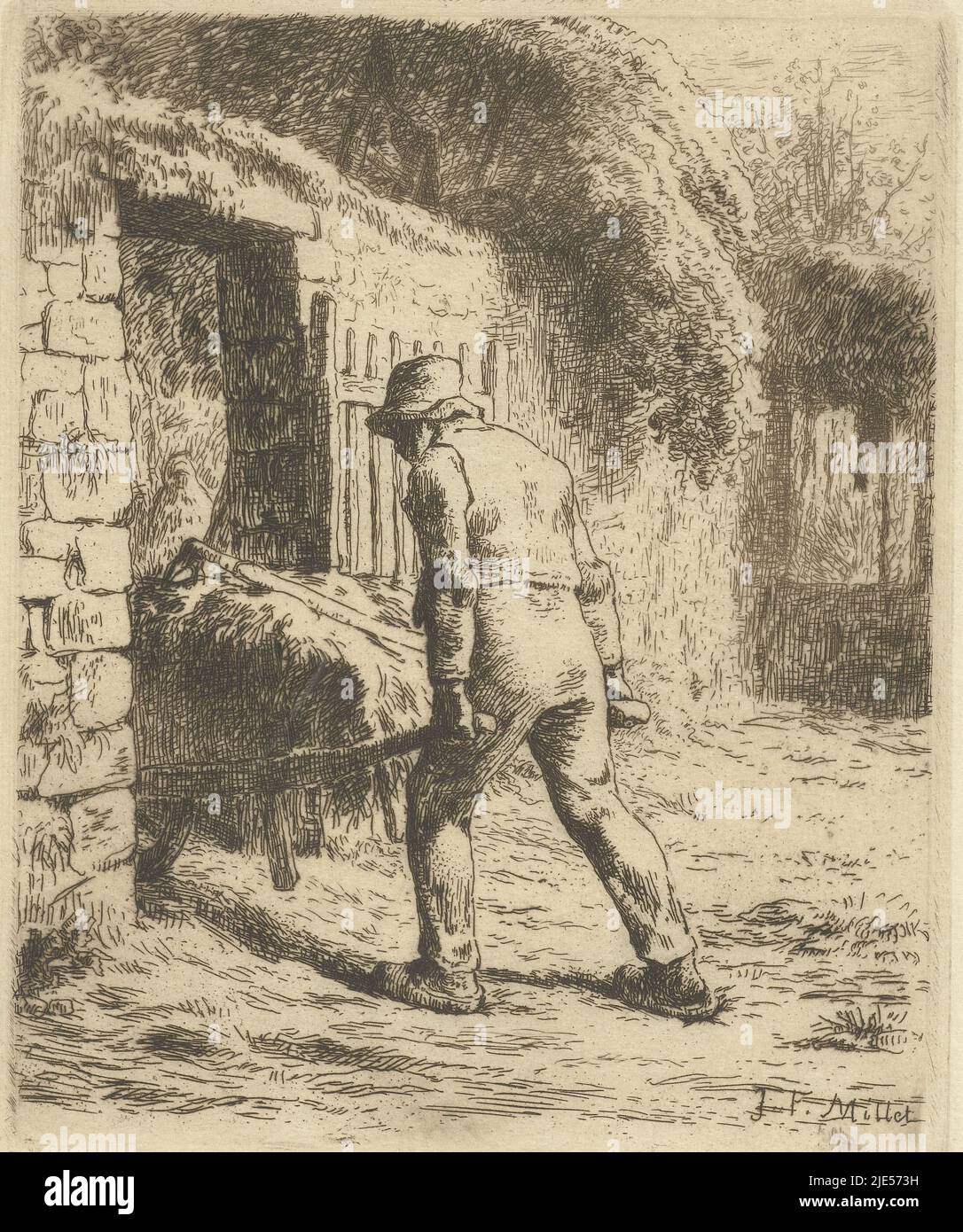 Farmer walks with wheelbarrow on farm Le paysan rentrant du fumier, print maker: Jean François Millet, (mentioned on object), Jean François Millet, 1855, paper, etching, h 166 mm × w 134 mm Stock Photo