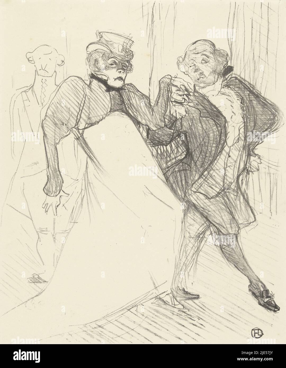 Actress Gabrielle Rejane receives dance lessons in her role as mother-in-law from actuator Felix Galipaux in the play Madame Sans-Gêne, Portrait of actors Gabrielle Rejane and Felix Galipaux in the play Madame Sans-Gêne Rejave et Galipaux, in Madame Sans Gène., print maker: Henri de Toulouse-Lautrec, (mentioned on object), Paris, 1893, paper, h 315 mm × w 260 mm Stock Photo