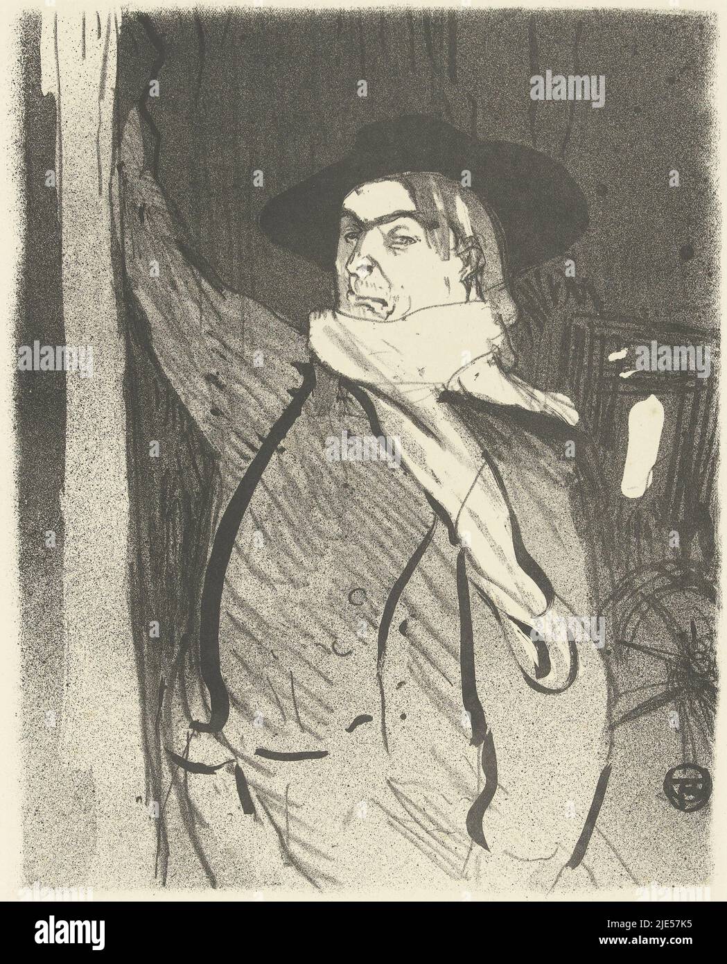 Aristide Bruant always performed in Les Ambassadeurs in the costume in which he was immortalized by Toulouse-Lautrec: a big hat, velvet cardigan, a red foulard and boots, Portrait of singer and cabaret artist Aristide Bruant Le cafe concert (series title)., print maker: Henri de Toulouse-Lautrec, (signed by artist), publisher: André Marty, printer: Edward Ancourt, 1893, paper, h 268 mm × w 215 mm, h 434 mm × w 323 mm Stock Photo