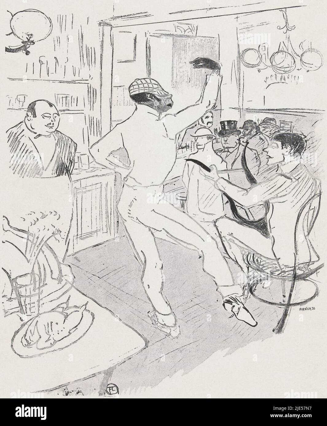 Portrait of the black clown Rafael Padilla, who performed under the stage name Chocolat, dancing in the so-called English Bar (Irish and American Bar) in Paris. He is accompanied musically by his partner, the clown George Footit. On the left the bartender is known as Ralph or Randolphe, Portrait of dancing black clown Chocolat in English Bar in Paris Chocolat dansant., intermediary draughtsman: Henri de Toulouse-Lautrec, (mentioned on object), printer: Auguste Garnier, (mentioned on object), publisher: Edouard Kleinmann, (mentioned on object), Paris, 1896, paper, h 240 mm × w 195 mm, h 384 mm Stock Photo