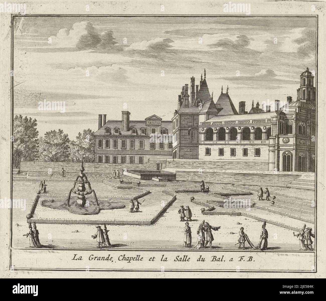 The Grande Chapelle and the Salle de Bal from the garden of the Palace of Fontainebleau. In the garden there is a fountain and walking figures., View of the Grande Chapelle and the Salle de Bal from the palace of Fontainebleau La Grande Chapelle et la Salle du Bal, a F. B., print maker: Jan Lamsvelt, 1726 - 1743, paper, etching, h 177 mm × w 203 mm Stock Photo
