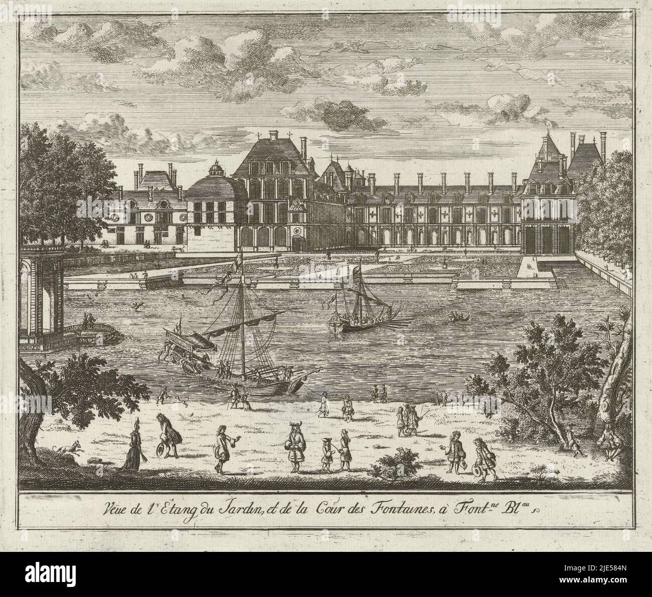 The Cour de la Fontaine in the garden of the Palace of Fontainebleau. Two boats on the water, in the foreground figures by the water's edge, view of the Cour de la Fontaine of the palace of Fontainebleau Veue de l'Etang de Jardin, and of the Cour des Fontaines, in Fontne. Blau, print maker: Jan Lamsvelt, 1726 - 1743, paper, etching, h 172 mm × w 202 mm Stock Photo