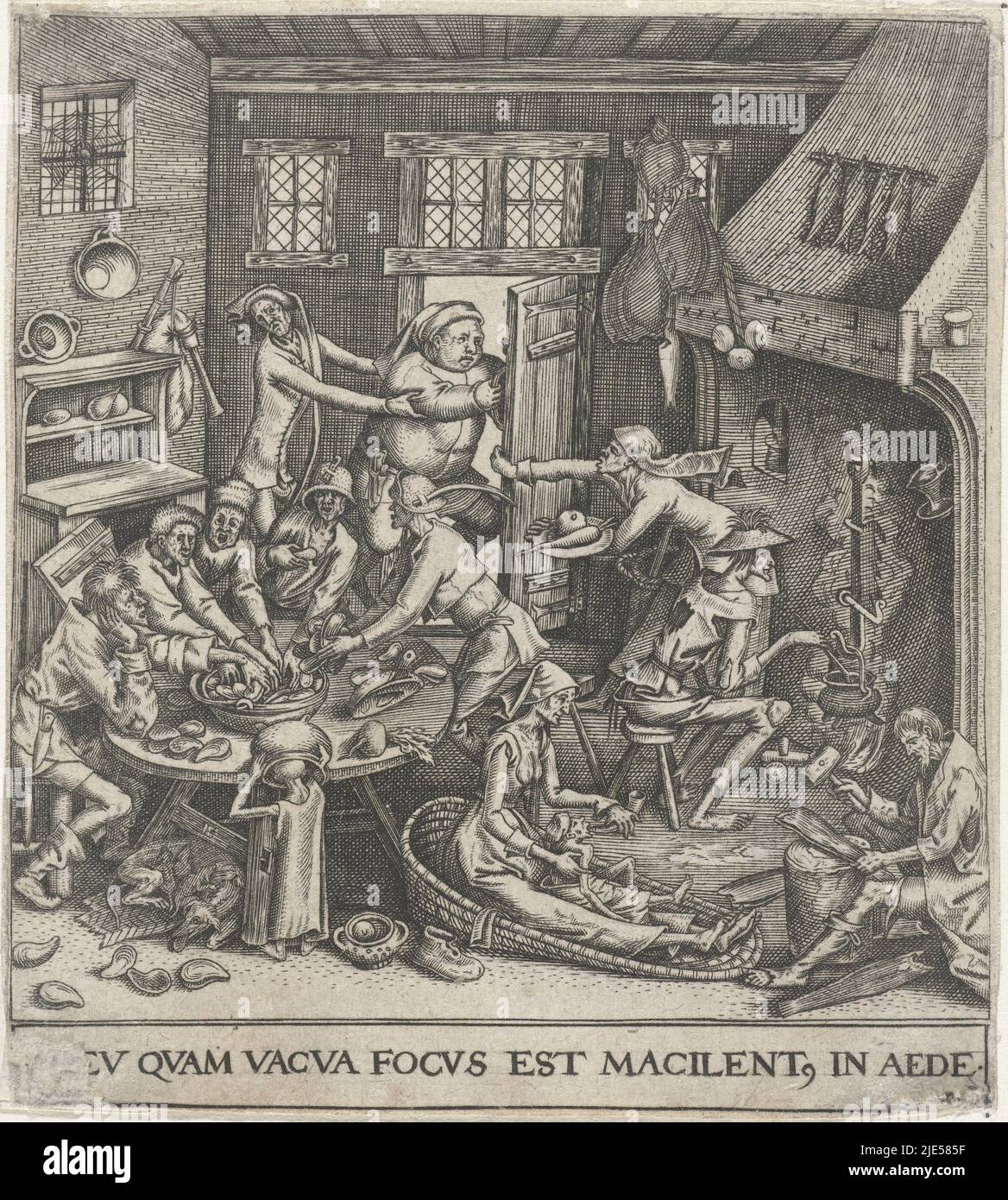 A poor family of skinny farmers is eating in a kitchen. The food consists of turnips and empty shells. In the foreground a woman with child in a cradle. A fat farmer is working out the door. To Bruegel's 'lean kitchen', The lean kitchen EHEU QUAM VACUA FOCUS EST MALICENT. IN AEDE, Emblemata Saecularia, 1596 (series title), print maker: Johann Theodor de Bry, Pieter van der Heyden, (attributed to), Pieter Bruegel (I), Frankfurt am Main, 1596, paper, engraving, h 109 mm × w 98 mm Stock Photo