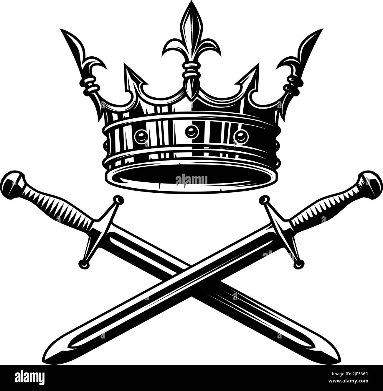 Illustration of king crown and crossed swords in monochrome style. Design element for logo, emblem, sign, poster, t shirt. Vector illustration, Illust Stock Vector