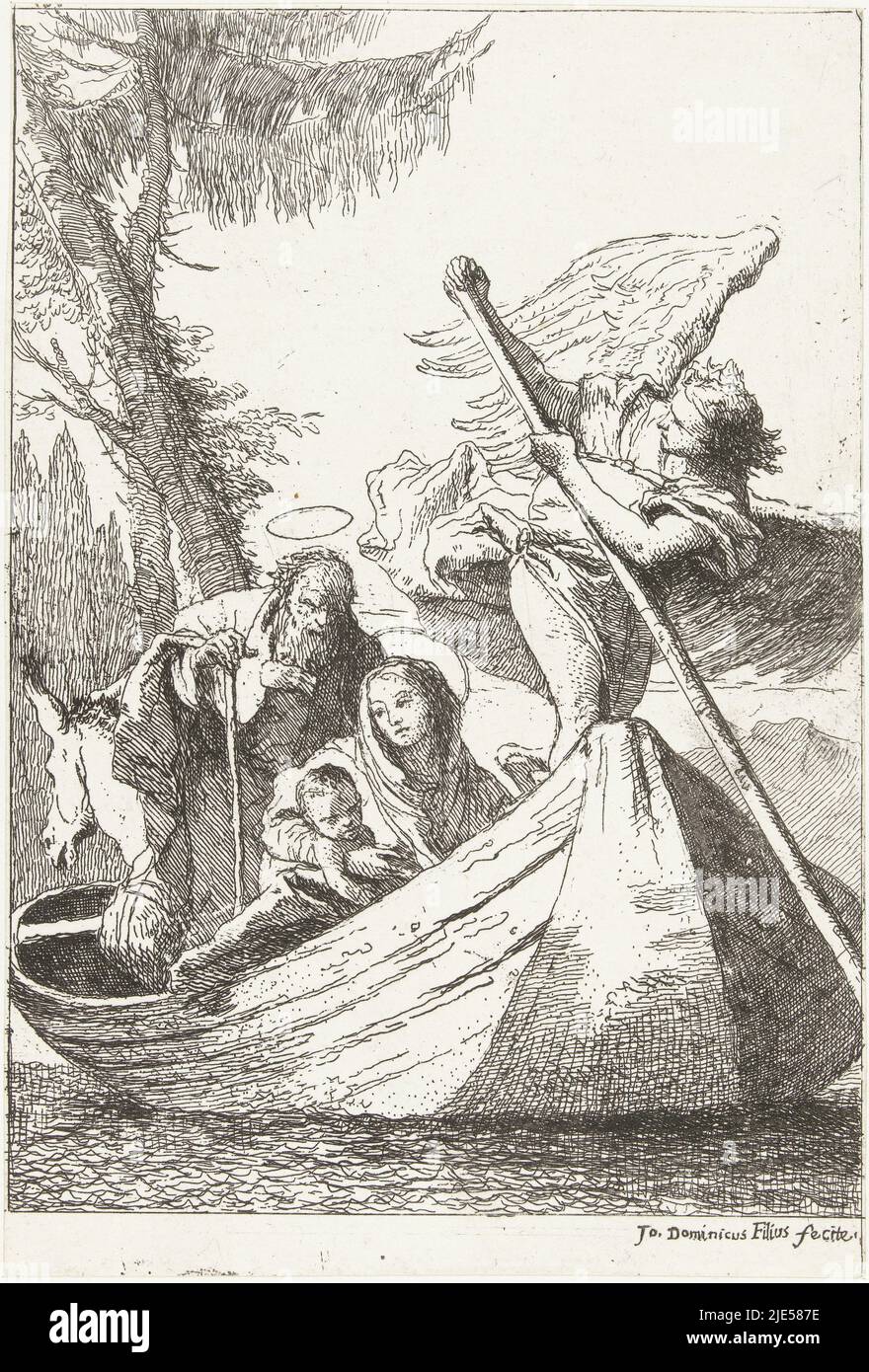Holy family in boat with angel as boatswain on flight to Egypt, Giovanni Battista Tiepolo, print maker: Giovanni Domenico Tiepolo, (mentioned on object), 1748 - 1752, paper, etching, h 188 mm × w 126 mm Stock Photo