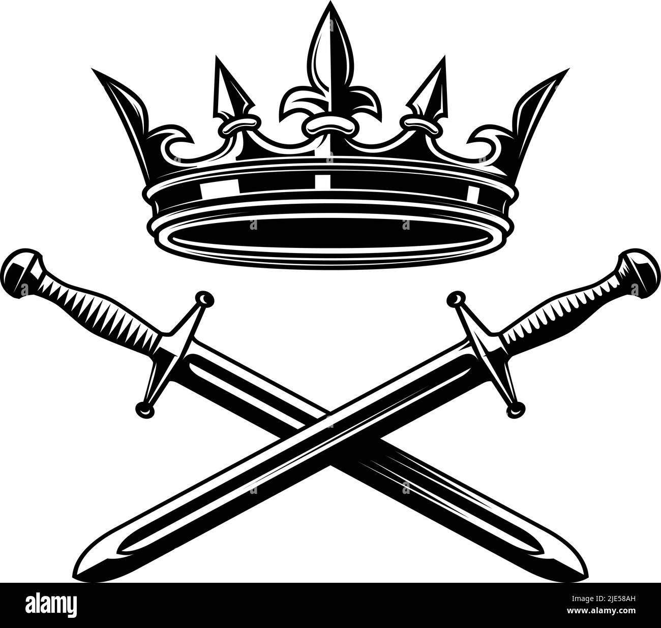 Illustration of king crown and crossed swords in monochrome style. Design element for logo, emblem, sign, poster, t shirt. Vector illustration Stock Vector