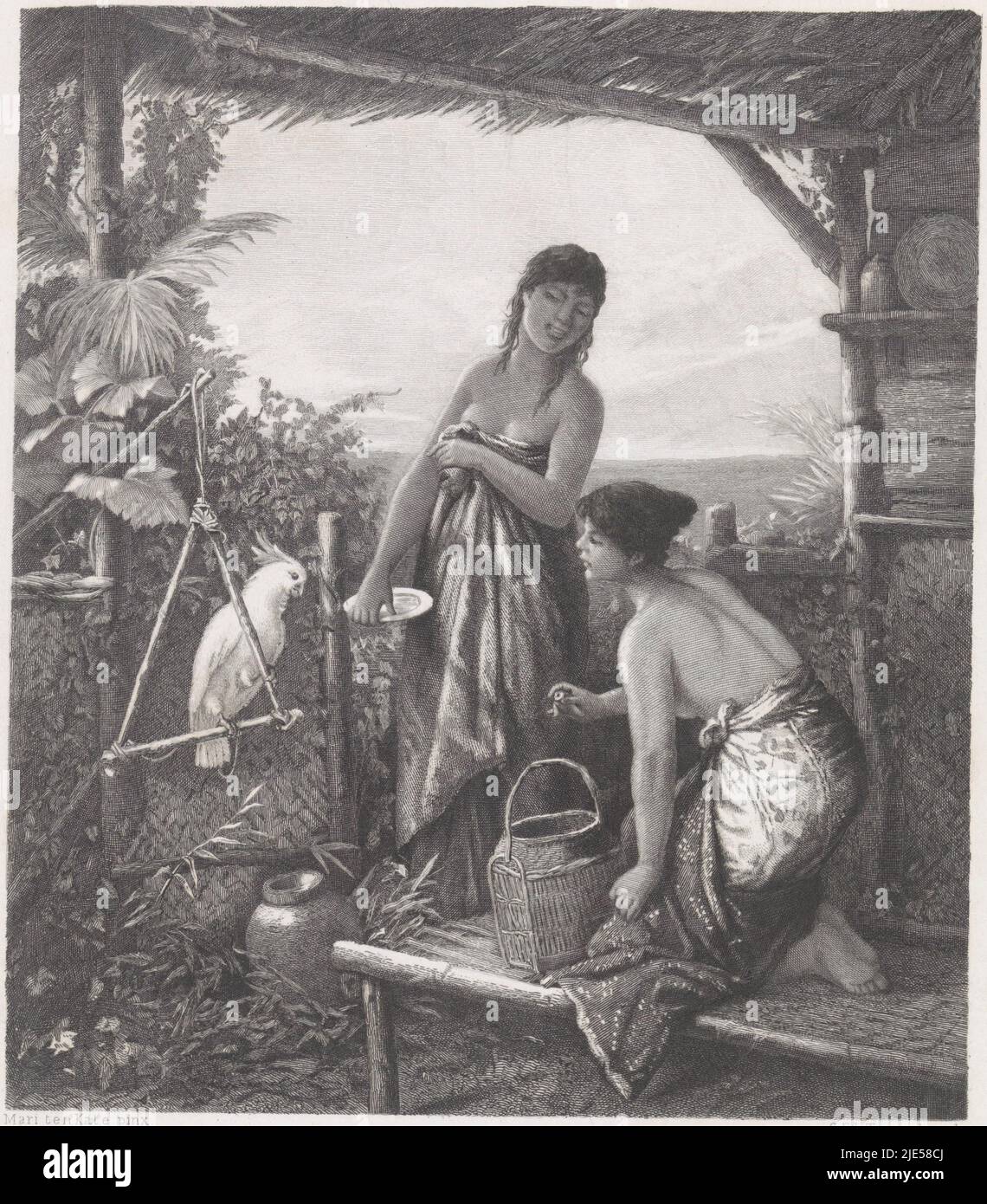 Two young Indonesian women at a parrot Inland pastime, print maker: Edouard Taurel, (mentioned on object), after: Mari ten Kate, (mentioned on object), Amsterdam, 1841 - 1892, paper, steel engraving, h 280 mm × w 223 mm Stock Photo