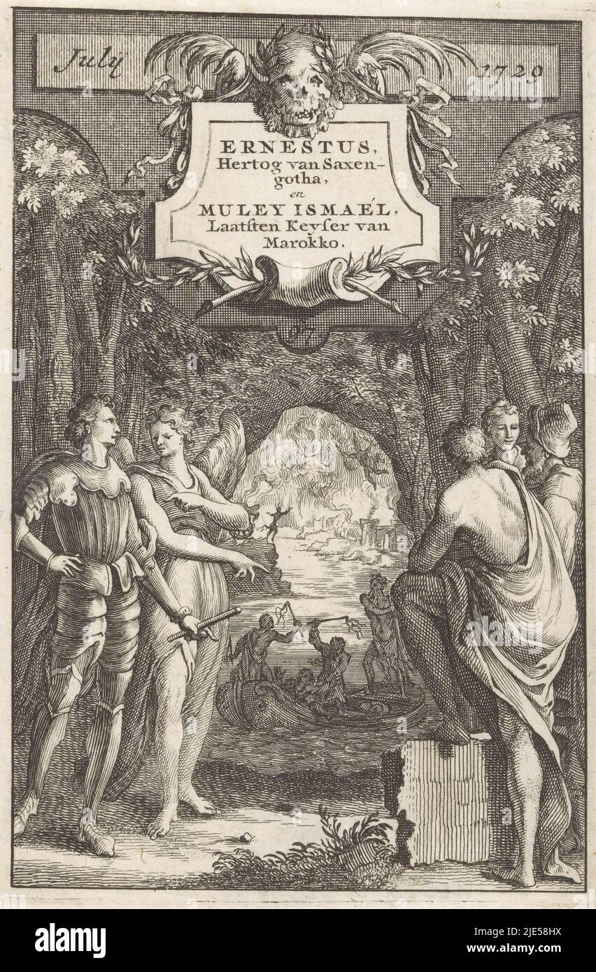 Ernst I the Pious, accompanied by an angel, stands opposite Ismail, sultan of Morocco, flanked by two figures. In the background, the sultan sits in the boat of the ferryman Charon and is beaten by two of his former slaves. Mentioned at the top: July / 1729., Conversation between Ernst I the Pious and Ismail of Morocco Ernestus, Duke of Saxen-gotha, and Muley Ismaél, Last Keyser of Morocco., print maker: anonymous, publisher: Johannes Ratelband (I), Amsterdam, Jul-1729, paper, etching, h 129 mm - w 88 mm Stock Photo