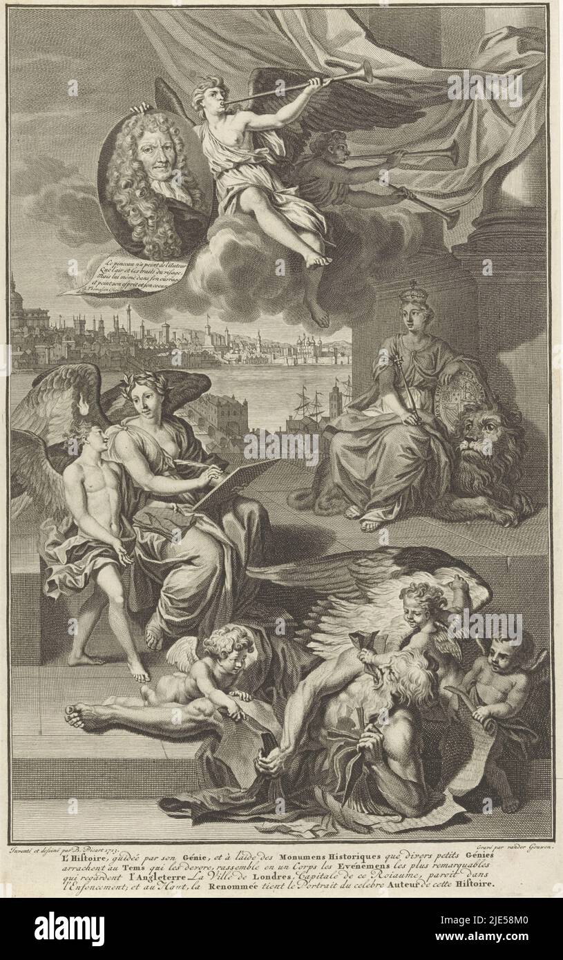 Together with the personification of Inspiration, the personification of History, sitting on the floor, writes the history of Great Britain. To the right by a column the personification of Great Britain, sitting on a lion. In her hands the coat of arms of England, used by Charles II and James II. In the foreground three putti are trying to stop the winged Time, which tears books apart and eats them. Above the personification of Fame, blowing on a trumpet. She carries the portrait in an oval frame by the French historian Isaac de Larrey. In the background the city of London. In the lower margin Stock Photo