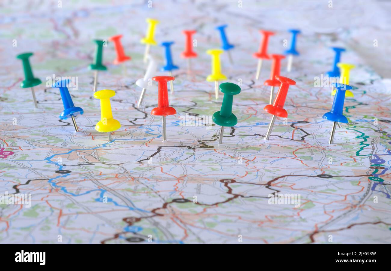 Location marking with pushpins on map,vacation, summer holidays,travel ...