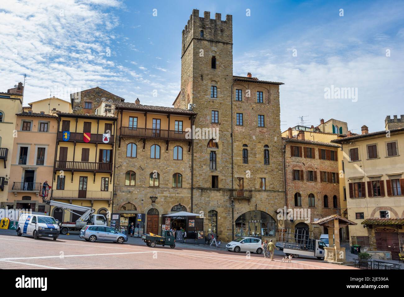 Palazzo Lappoli and Torre Faggiolana on Piazza Grande (east side) in historic city centre of Arezzo in Tuscany, Italy Stock Photo