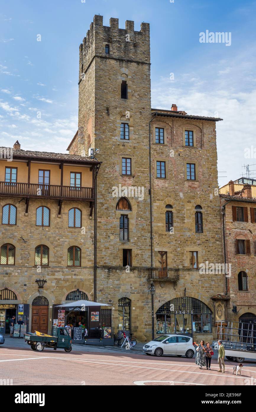 Palazzo Lappoli and Torre Faggiolana on Piazza Grande (east side) in historic city centre of