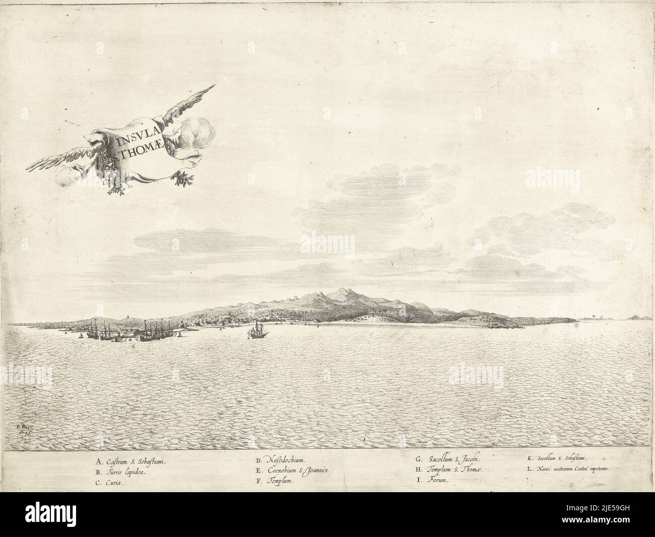 View of the African island of Sao Tome, ca. 1641. The island was conquered by a Dutch fleet of the MIC under the command of Cornelis Cornelisz Jol, alias Houtebeen on 11 October 1641. In the foreground some Dutch ships. In the sky a winged banderole with the title decorated with two smoked horns. In the caption the explanation of the letters A-L in Latin, View of Sao Tome, c. 1641 Insvla S. Thomae., print maker: Jan van Brosterhuyzen, intermediary draughtsman: Frans Jansz Post, Netherlands, 1645 - 1647, paper, etching, engraving, h 385 mm × w 505 mm Stock Photo