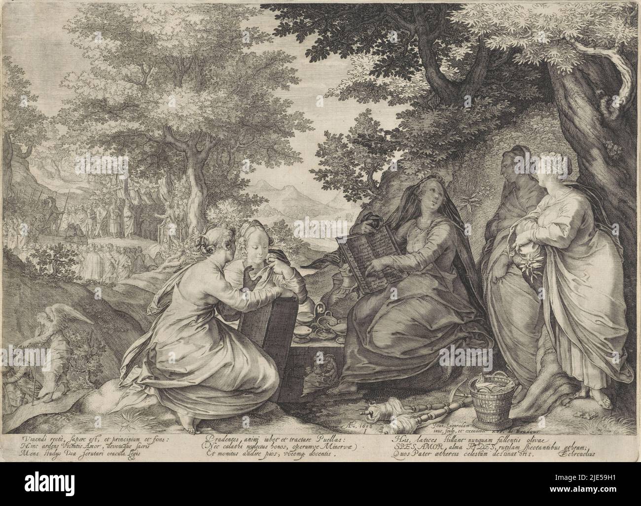 A forest landscape with the five wise virgins in the foreground. They sit around a table with the oil lamps and read from the Bible and the tablet with the ten commandments. Next to them jars of oil and objects of domestic custom. On the left an angel is sending two travellers away. In the background, John the Baptist preaches in a clearing in the forest. The print has a Latin caption, Five wise virgins in a landscape with the preaching of John the Baptist Likeness of the wise and foolish virgins (series title)., print maker: Jan Saenredam, (mentioned on object), Jan Saenredam, (mentioned on Stock Photo