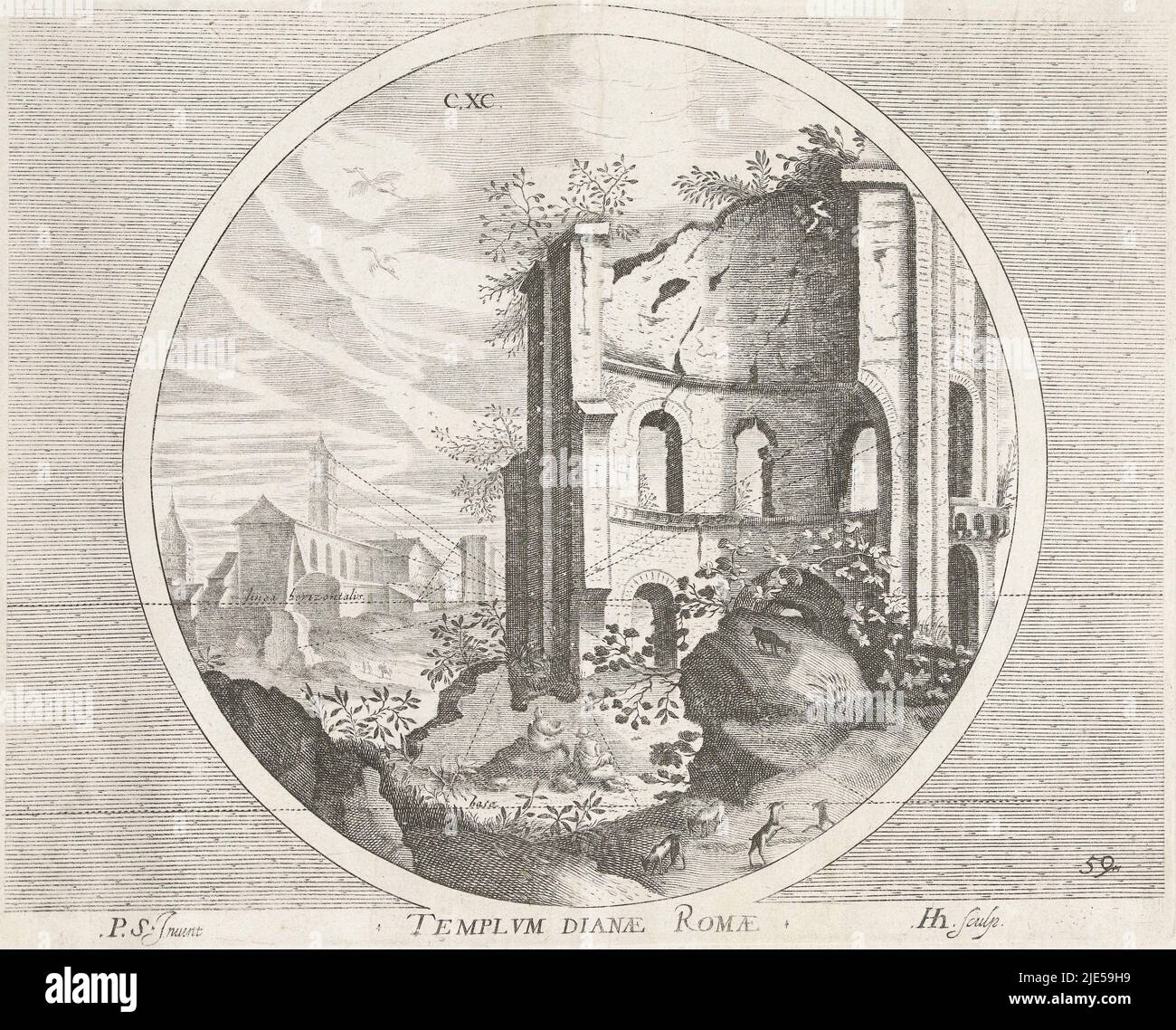 View of the ruins of the temple of Diana in Rome. With two seated figures in the foreground. Perspective dotted lines connect the buildings with the foreground and the horizon. To be read: linear horizontalis (left centre) and: base (bottom centre). In circle. At the top: C.XC. Print from a series of six depicting Roman ruins, Temple of Diana Templum Dianae Romae, Roman ruins (series title)., print maker: Hendrick Hondius (I), (mentioned on object), Petrus Stephanus, (mentioned on object), publisher: Hendrick Hondius (I), The Hague, 1600, paper, engraving, h 211 mm × w 264 mm Stock Photo
