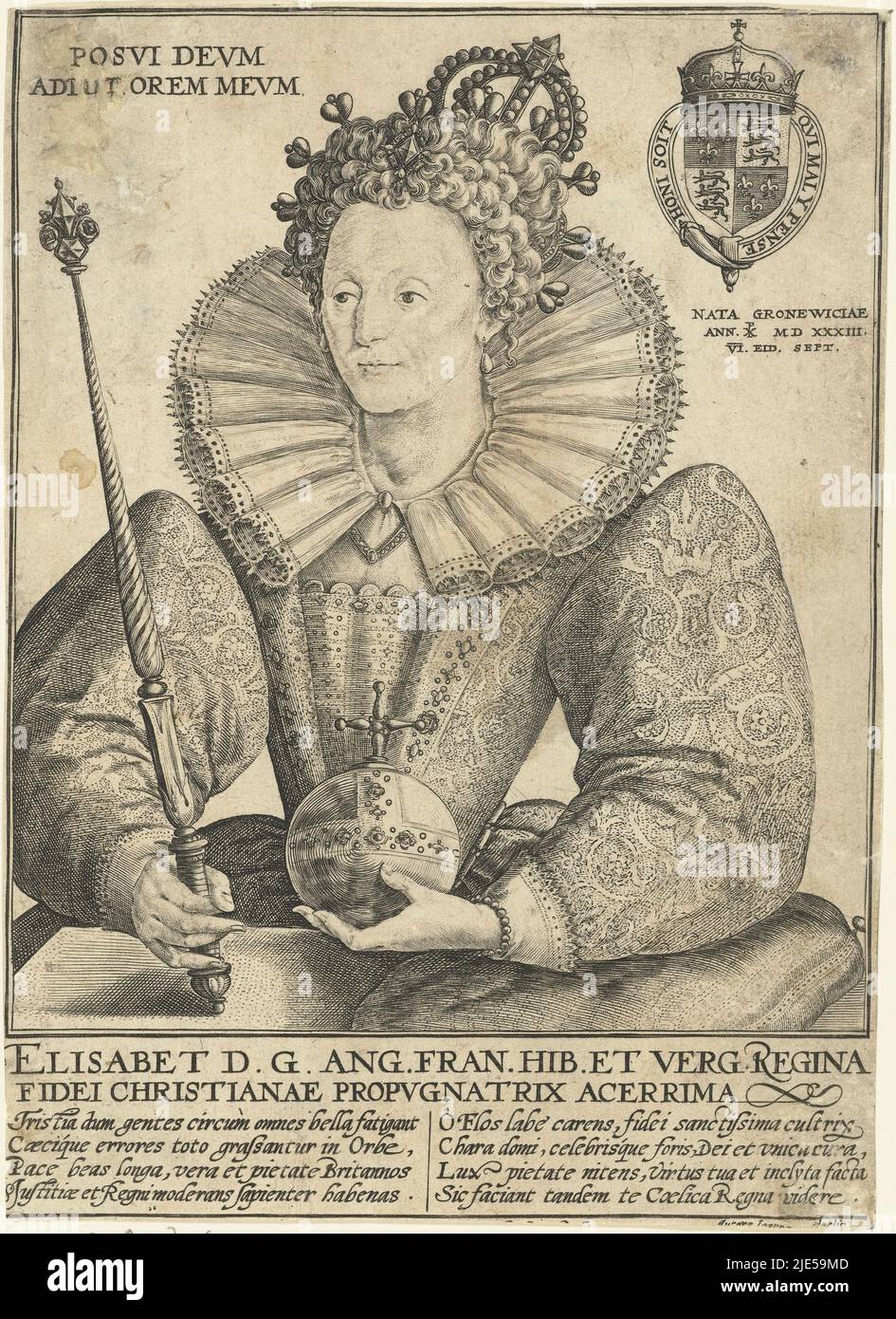 Portrait of Elizabeth I Tudor, Queen of England. Top right the coat of arms of the person portrayed and her birthplace and date in Latin. In the margin the name and function of the person portrayed in Latin. Underneath is an eight-line poem, in two columns, in Latin, Portrait of Elizabeth I Tudor, at half past Posvi Devm Adiut Orem Mevm., print maker: Crispijn van de Passe (I), Joanne Waldnelio, (mentioned on object), Cologne, 1592, paper, engraving, h 171 mm × w 123 mm Stock Photo