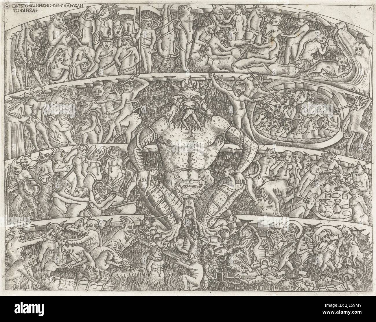 Hell presented as described in Dante's Inferno. Satan enthroned in the middle with a sinner in each of his three mouths. In several layers, sinners are shown who, for example, have sinned on stinginess and lust. They are punished by demons. On the top right a gaping mouth of the monster Leviathan is visible, Hell with Satan and punishment of sinners by demons Questo el inferno del chapo santo di Pisa., print maker: anonymous, genaamd Orcagna Andrea di Cione, (attributed to), Italy, 1460 - 1480, paper, engraving, h 223 mm × w 284 mm Stock Photo