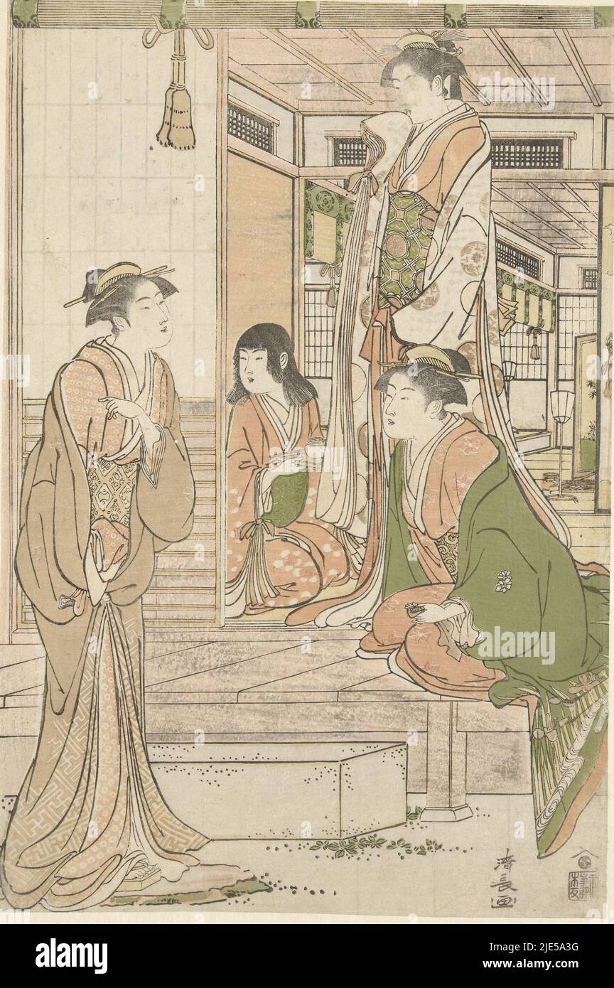 Joruri hime standing, in doorway, hand for mouth, accompanied by the lady court, sitting on verandah and maid with tray in hands, looking at pointing lady court (right leaf of the triptych), Yoshitsune bringing a serenade to Joruri hime., print maker: Torii Kiyonaga, (mentioned on object), publisher: Nishimura Yohachi, (mentioned on object), print maker: Japan, publisher: Tokyo, 1783 - 1787, paper, colour woodcut, h 373 mm × w 150 mm Stock Photo