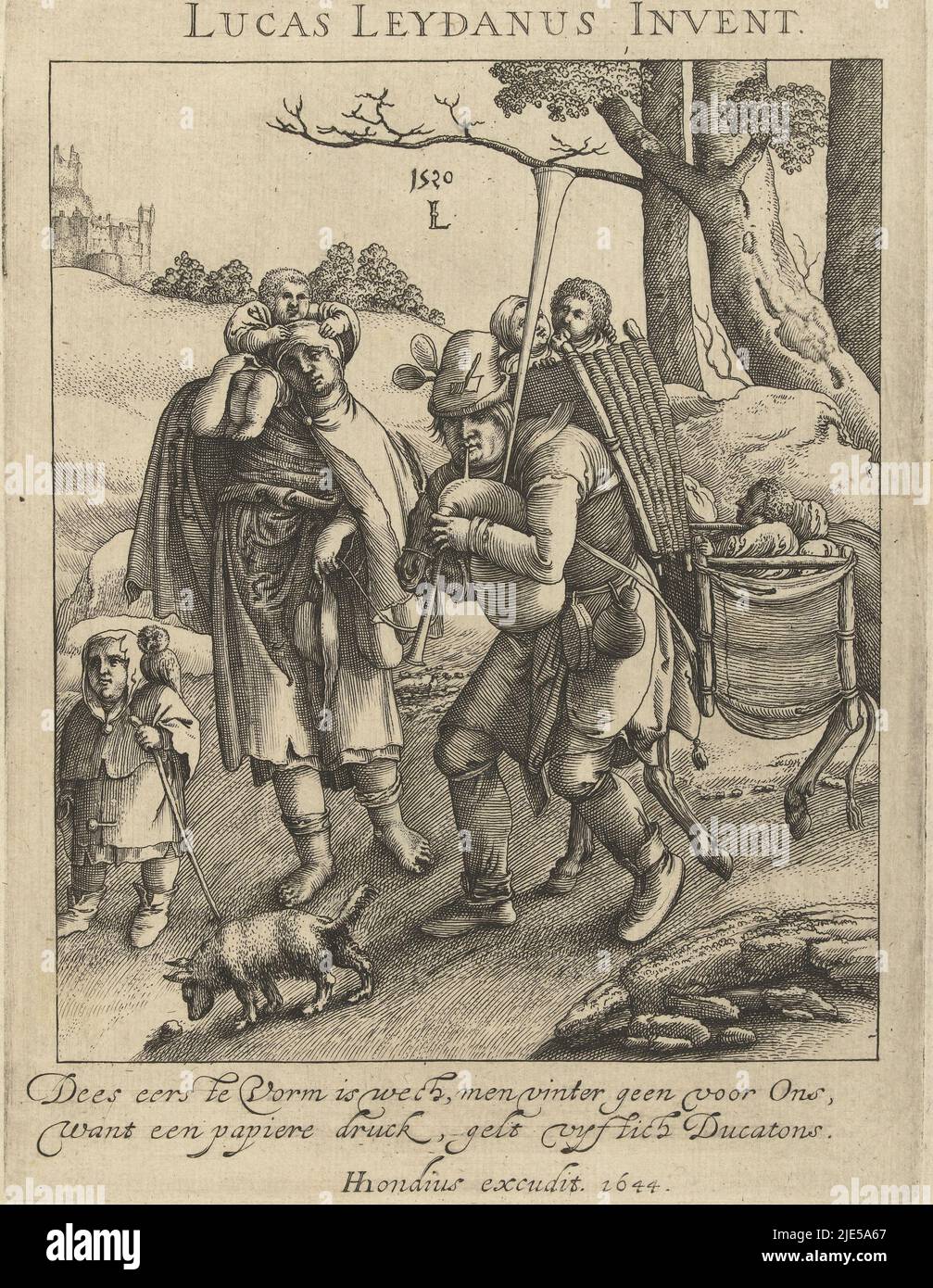 Bagpipe-playing man with two children in the basket on his back, next to him a woman with a child on his shoulder. They carry a donkey, loaded with children. In front a boy with an owl on his shoulder, next to him a dog is sniffing around. Text above: Lucas Leydanus Invent. Below the image two lines in Dutch, name of the publisher and year, Owl mirror: the beggar's family., print maker: anonymous, Lucas van Leyden, (mentioned on object), publisher: Hendrick Hondius (I), (mentioned on object), Low Countries, 1644, paper, etching, h 208 mm × w 157 mm Stock Photo